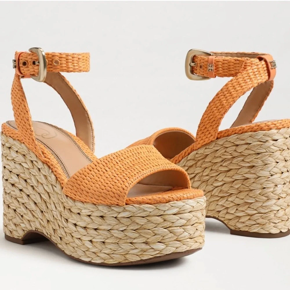 Sam Edelman April Platform Wedge Espadrille Sandal in Mari Gold Raffia